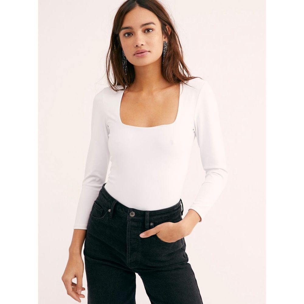 Free People Intimately Truth or Square White Longsleeve Square Neck Bodysuit